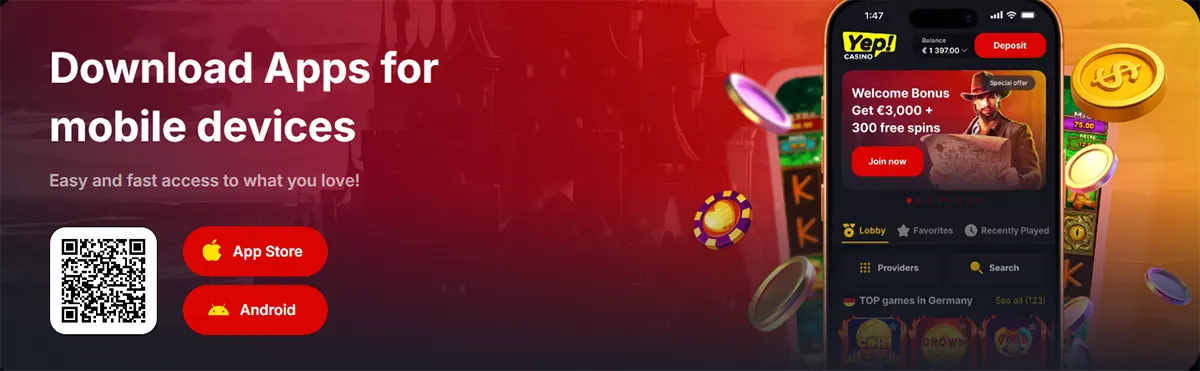 Online casino mobile app download banner with App Store and Android options and QR code