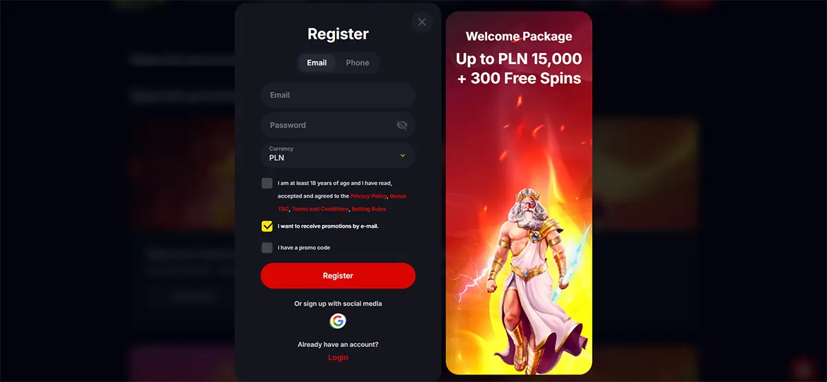 Online casino registration form with welcome bonus up to PLN 15,000 and 300 free spins